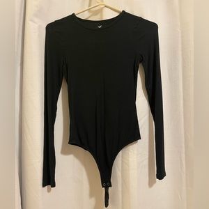 Women’s Black Basic Ribbed Long Sleeve Thong Bodysuit